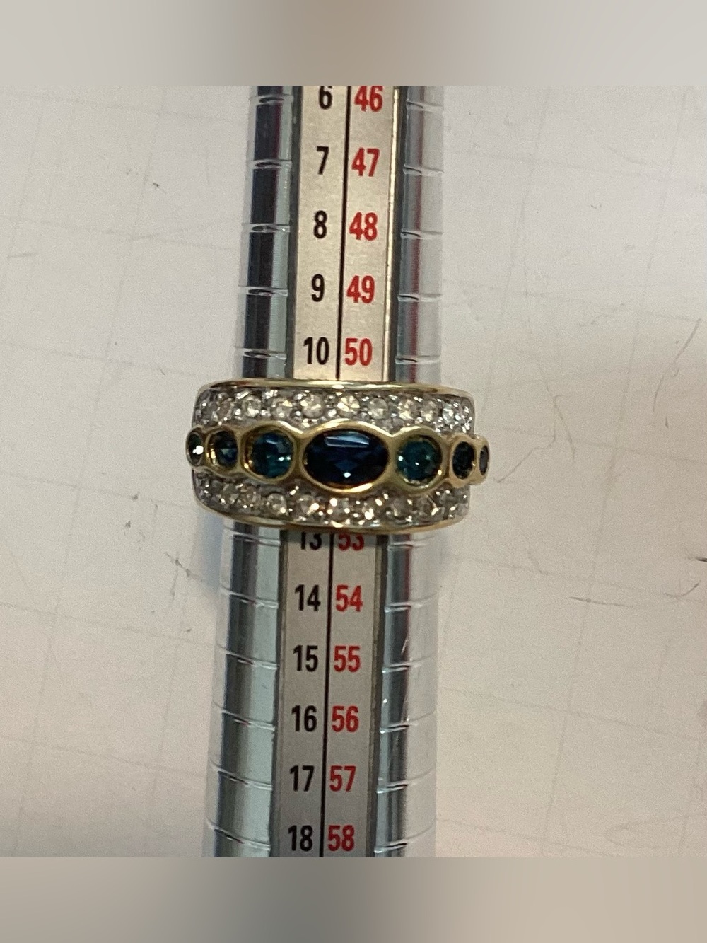 Vintage 18KT HGE Gold Plated Deep Topaz Blue & Clear Crystals Wide  Ring